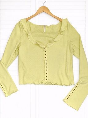 Free People Henley Slub Knit Top Yellow Ruffle Button Shirt Spring Y2K Small